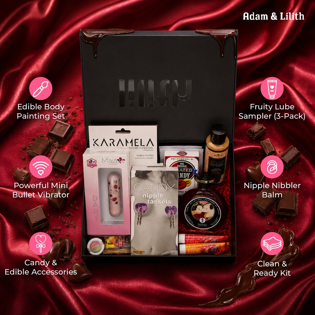Food Play Box – Edible Body Paint Kit with Mini Bullet Vibrator, Fruity Lube Sampler, Nipple Nibblers & Candy Accessories – Sensual Couples Gift Set for Tasty Play