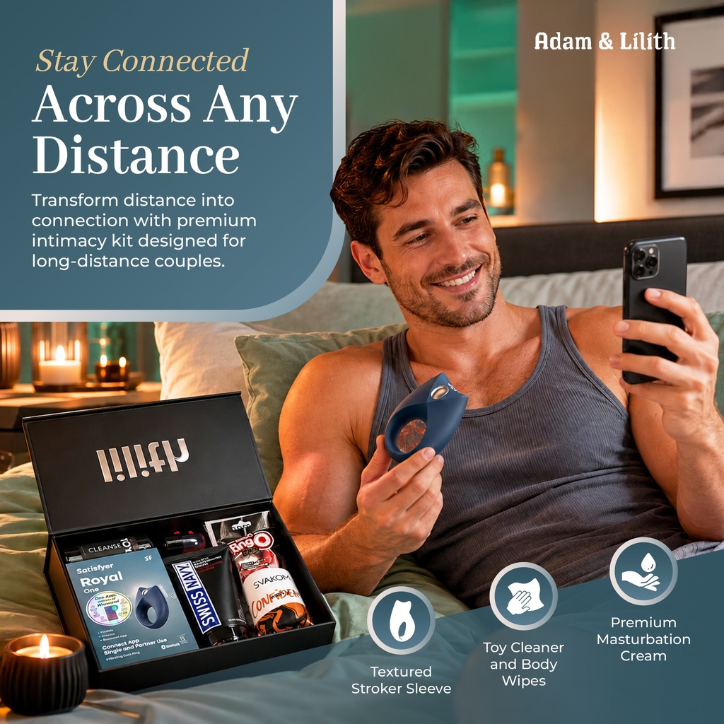 Long Distance “For Him” Box – App-Controlled Ring Vibrator, Stroker Sleeve & Masturbation Lube – Remote Pleasure Kit for Couples