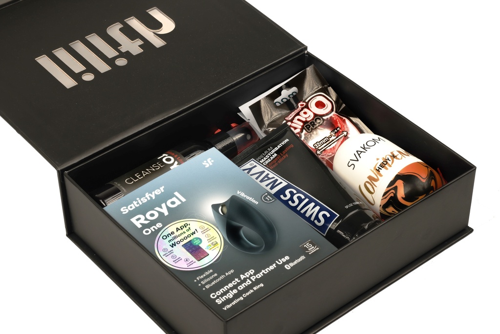 Long Distance “For Him” Box – App-Controlled Ring Vibrator, Stroker Sleeve  & Masturbation Lube – Remote Pleasure Kit for Couples